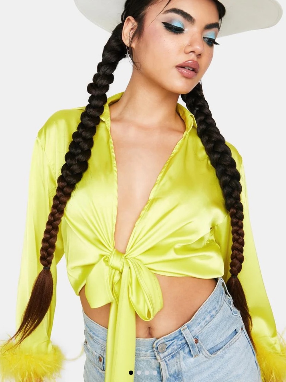 Roughing It Tie Front 3/4 Sleeve Vegan Feather Cuffed Chartreuse Satin Top
